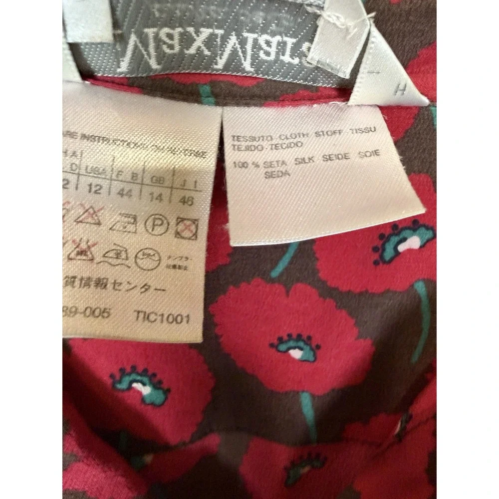 Vintage Max Mara Sz 12 Red Poppy Floral Print Silk Italy 3/4 Button Blouse Top